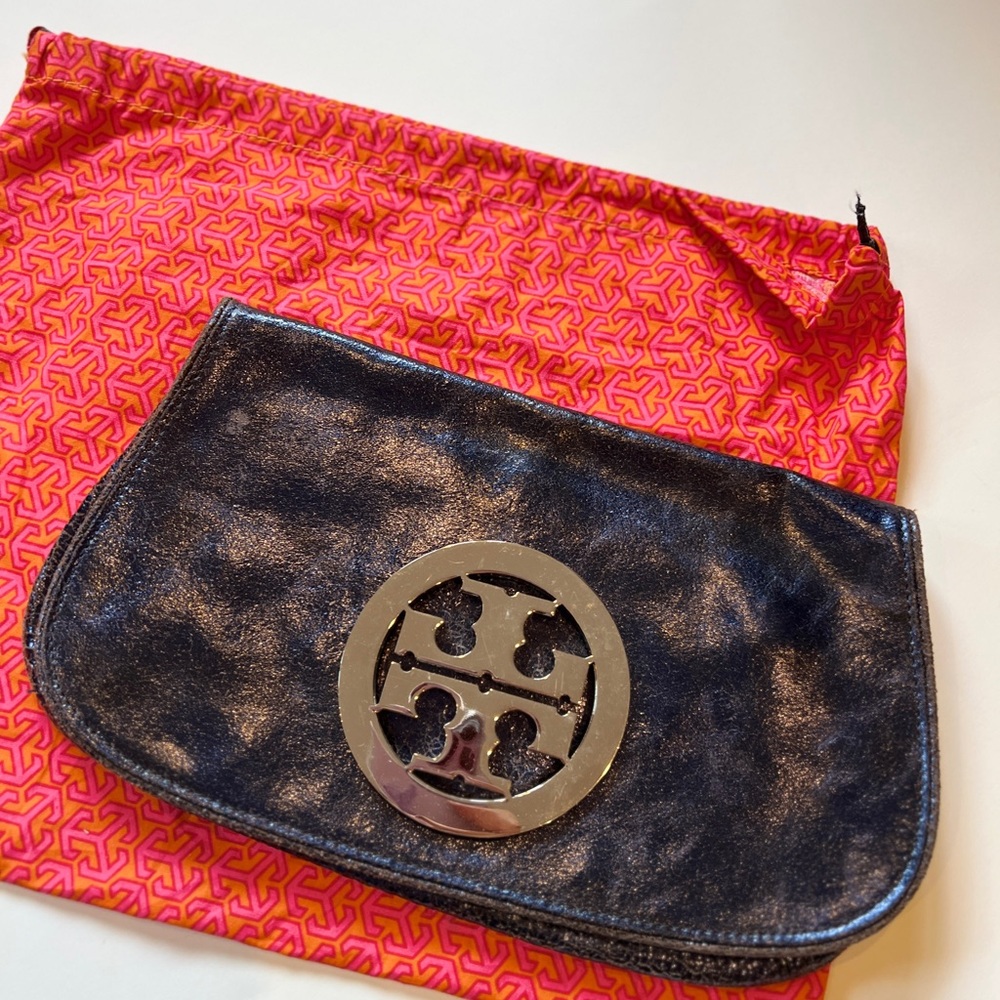Tory Burch Metallic Black Clutch with Gold Emblem